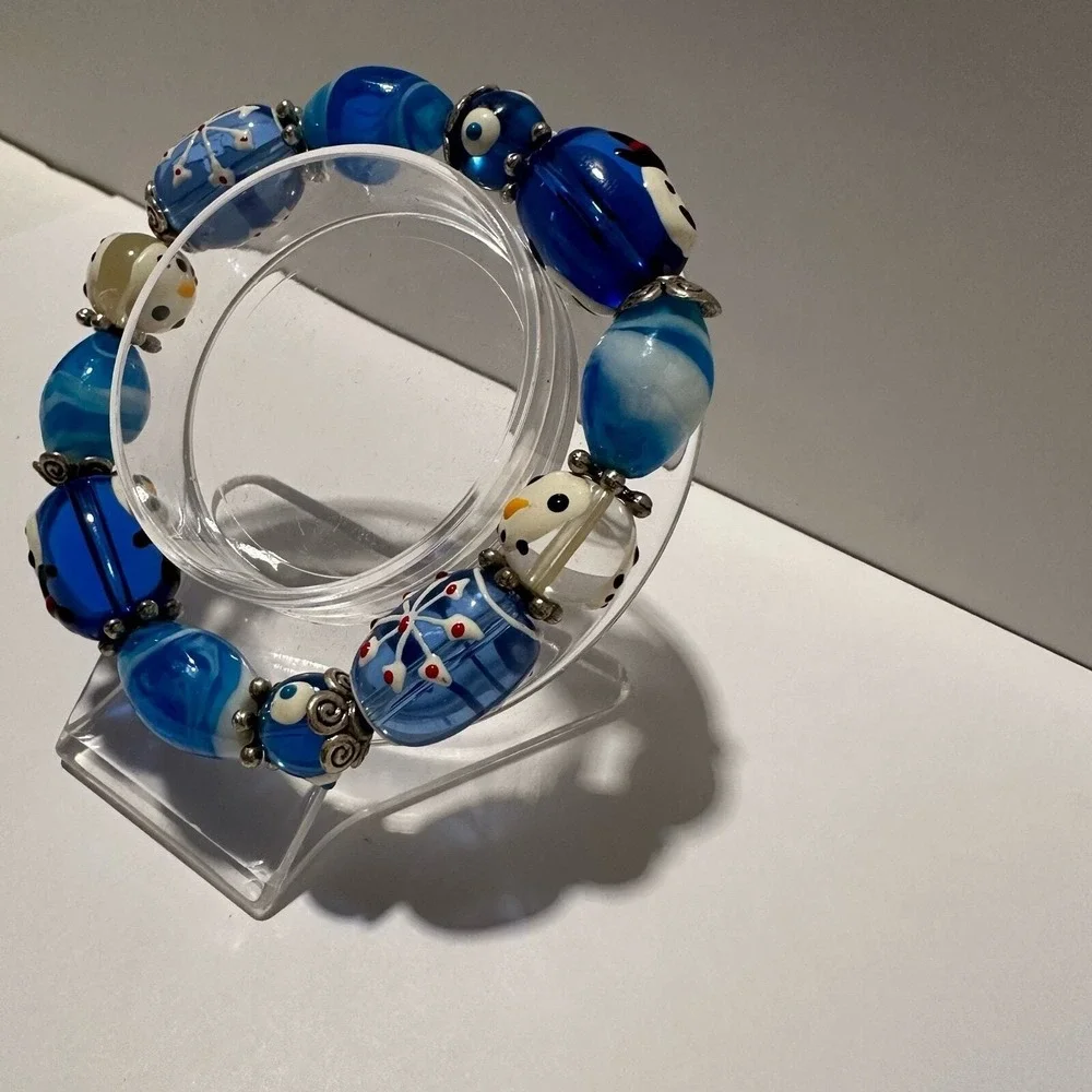 Glass Beads Stretch Bracelet Blue White Snowman Snowflake‎ Christmas Handmade